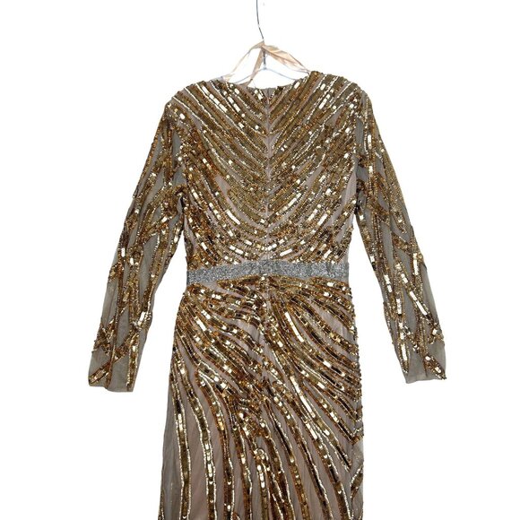 Mac Duggal Gold Copper Evening Gown V-Neck Sequins Long Sleeve Wedding Formal - Picture 7 of 15